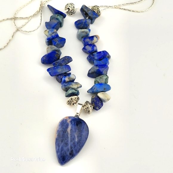 Handmade Lapis Lazuli & Sodalite Necklace 24" Silver Plated Chain Miami Artist - Picture 3 of 16